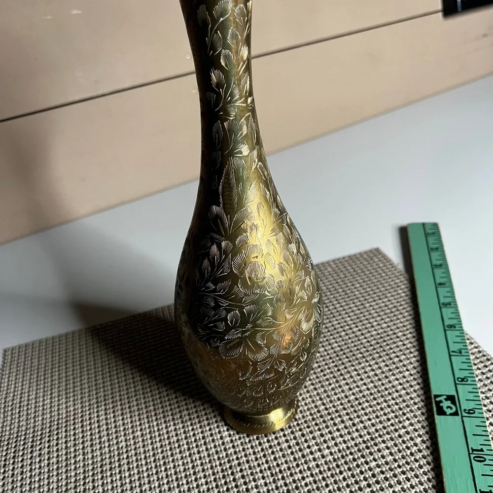 Vintage Etched Brass Bud Vase Hand Crafted Floral Pattern Made in India 8.5 Inch